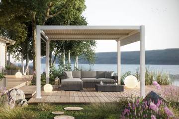 Hliníková pergola MARANZA  360x350 bílá + 2 boční rolety + 1 prolamovaná přední stěna 1550 OUTLET